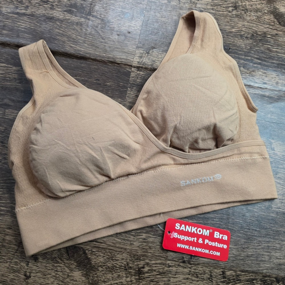 SANKOM Posture Support Bra Womens Size L‎ Beige Seamless Wire-Free Patent Design